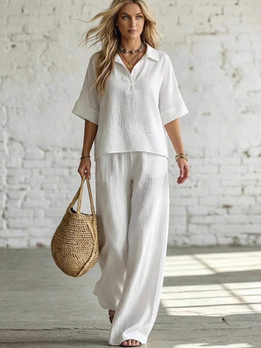 Livesso Women's 2 Pieces Set With Collared Short Sleeve White Loose Linen Fabric Vacation Style Top And Wide Leg Pants Summer Lounge Sets For Women - White - View 1