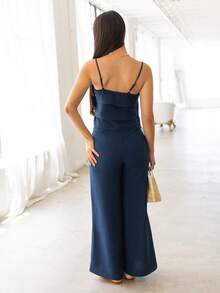 Andrea Bello 女款夏季休閒荷葉邊細肩帶上衣與寬鬆長褲兩件套居家服套裝，優雅風格 - 藏蓝色 - 查看 2