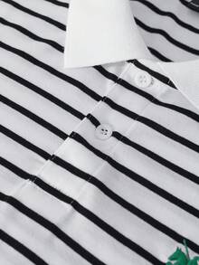 Manfinity Mode 男士夏季 Polo 衫，成熟休閒風，條紋設計，馬標誌 - 黑與白 - 查看 4