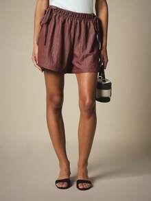 KSTM Linen Feel Drawstring Waist Loose Fit Mini Shorts With Elastic Waistband Side Tie Detail Summer Casual Holiday Vacation Burgundy - Brown - View 4