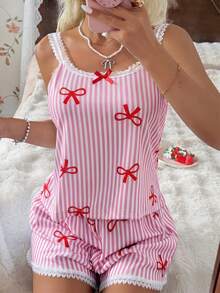 CottageSlumber Pink Pajamas Women's Pink & White Striped Bow Fine Ribbed Silk Lace Cami Short Sleeve Set - Pink - View 8