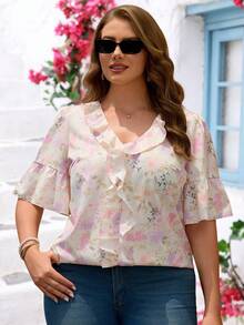 EMERY ROSE Camisa de moda con estampado floral y volantes con cuello en V para mujer talla grande para vacaciones - Multicolor - Ver 2
