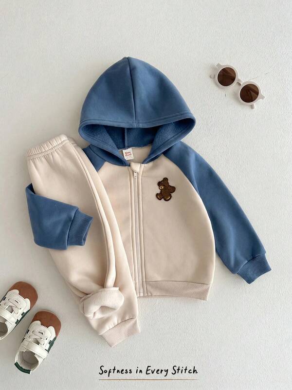 Cozy Pixies Conjunto de 2 piezas para bebé niño con chaqueta de manga larga de invierno con patrón de oso de dibujos animados y bloques de color, pantalones largos con cintura elástica, forro térmico y tejido cepillado grueso, adecuado para el invierno