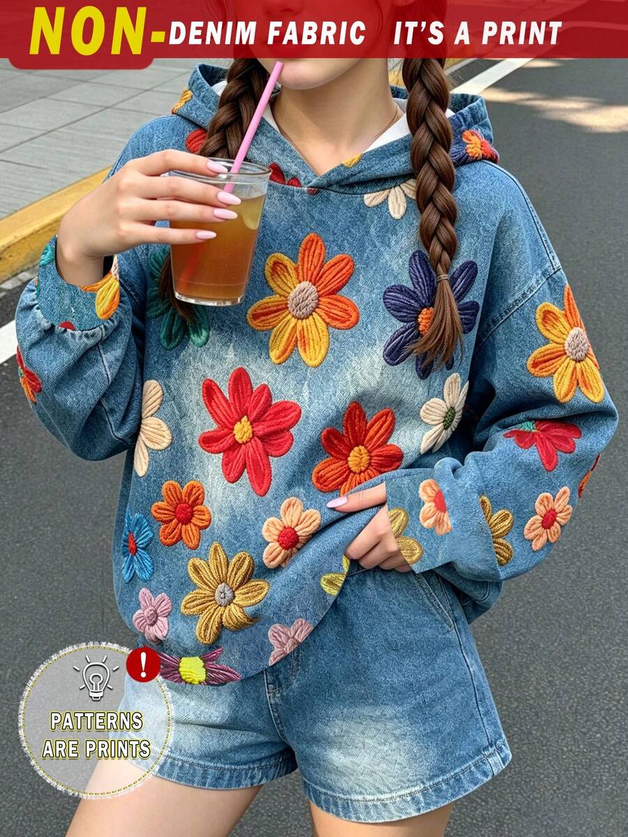 (1 Pc) Autumn Girls' Fresh Fashion Casual Daily Minimalist Colorful Embroidered Floral Pattern Basic Sweatshirt - Multicolor - View 1