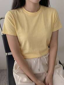 DAZY Camiseta de manga corta de unicolor versátil y casual de verano - Amarillo - Ver 9