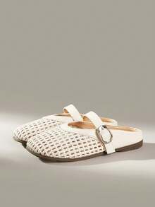 Solecia Zapatillas tipo mule de verano, transpirables, de tejido calado, punta redonda, suela plana, estilo retro casual, para ir al trabajo, compras y uso diario - Beis - Ver 2