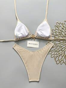 Swim SXY 女款春夏提花布料掛脖金屬裝飾比基尼套裝 - 卡其色 - 查看 3