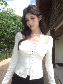 DAZY 女款方領韓風綁帶長袖T恤 - 白色 - 查看 1