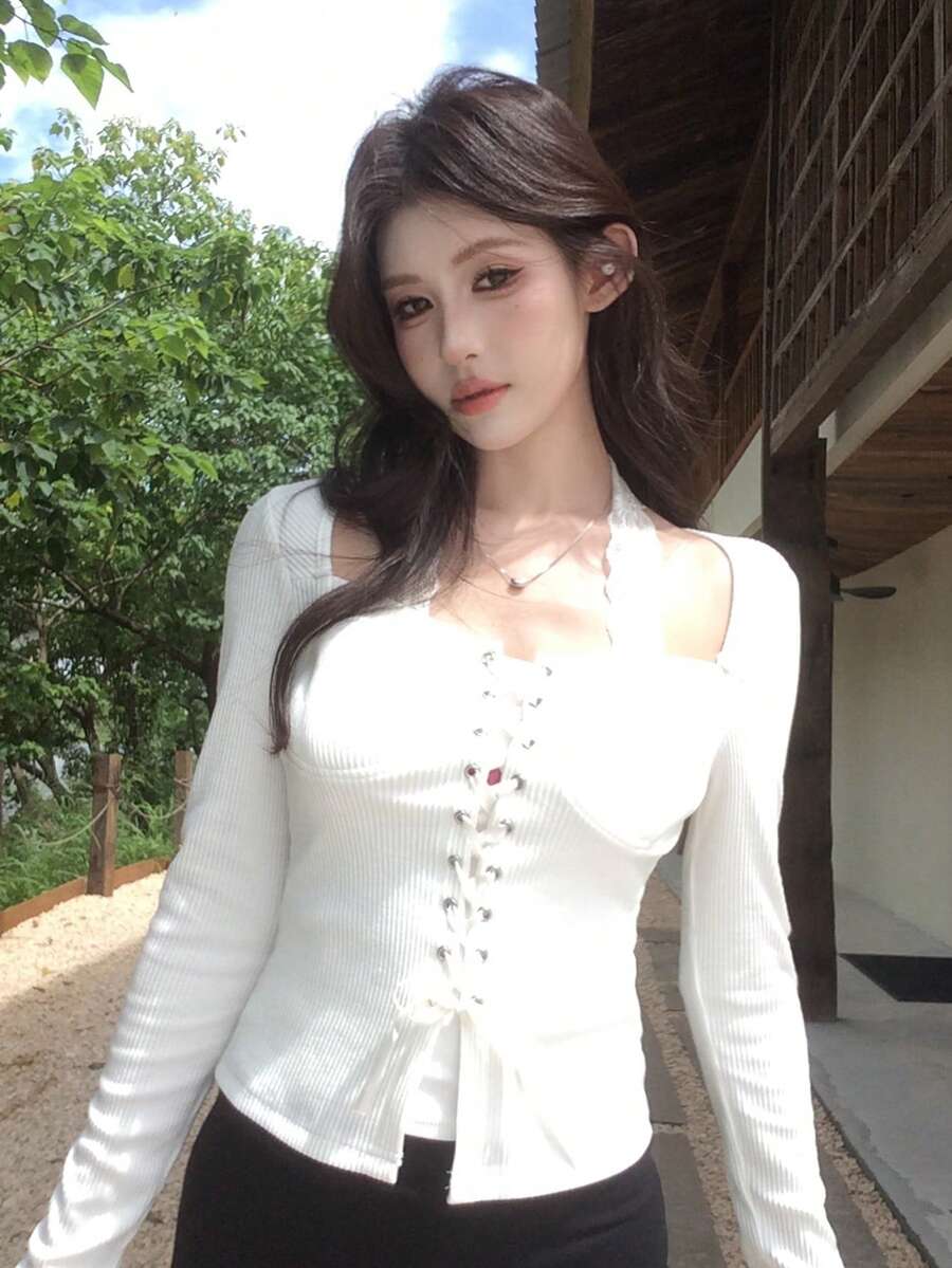 DAZY 女款方領韓風綁帶長袖T恤 - 白色 - 查看 1