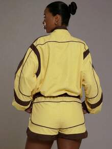 Musera Sport Contrast Oversized Wind Breaker Funnel Neck Jacket Sports Workout Gym Girly Pilates Fitness Daily - Yellow - View 4