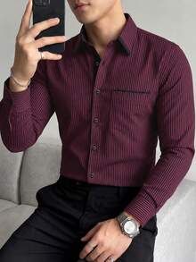 Calvornis Men's Fashionable Business Casual Printed Stripe Long Sleeve Shirt, For Fall, Formal - Burgundy - View 3