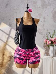 Swim Lushoire New Pink Coconut Print Swimwear, Backless Tie-Up Sporty Conservative Swimwear For Women, Black Outer Layer + Backless Inner Layer + Boy Shorts, Slimming And Tummy-Covering Vacation Swimwear - Multicolor - View 5