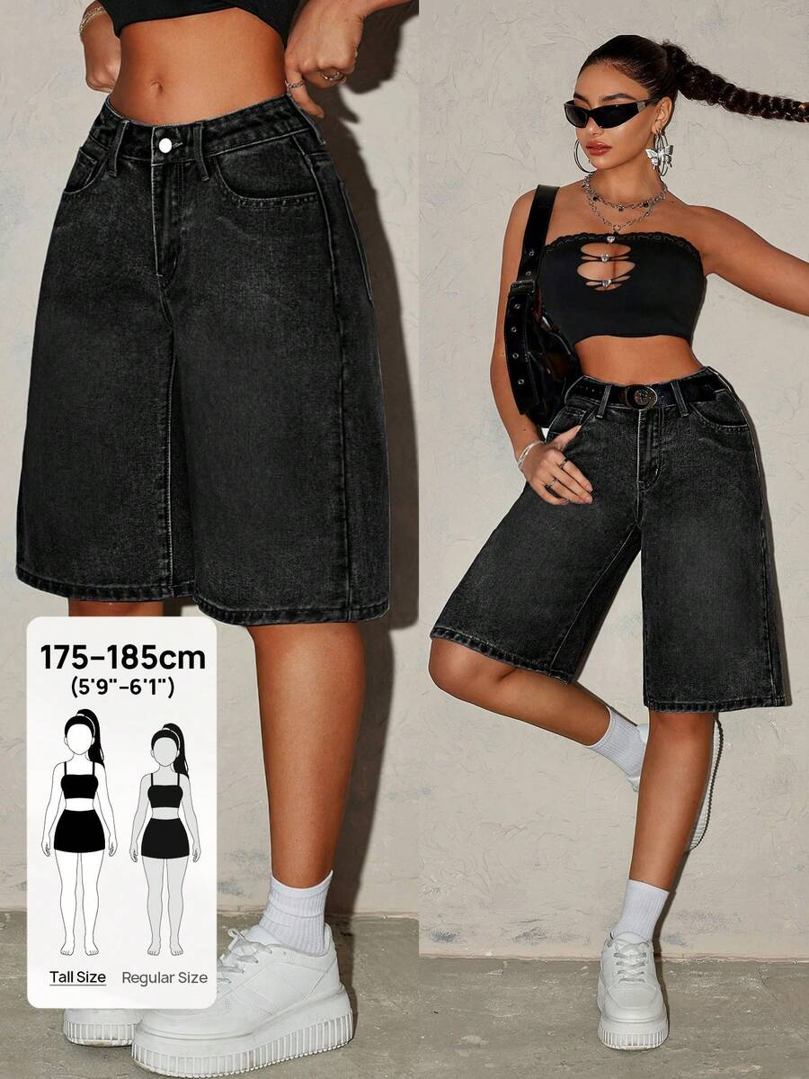 SHEIN Tall 女款休閒時尚街頭風百慕達牛仔短褲,適合日常通勤、夏季,適合高個女性 - 黑色 - 查看 1