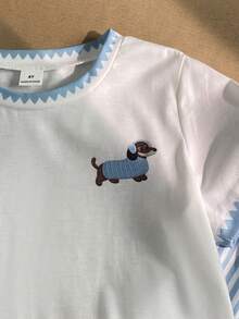 SHEIN Elladie kids 2件/套基礎休閒慵懶純色套裝，馬印花，不對稱下擺，側面抓皺設計，圓領短袖T恤，搭配黃色條紋紋理布料直筒長褲，適合日常/外出等多種場合，春季/夏季/四季皆宜 - 藍色 - 查看 4