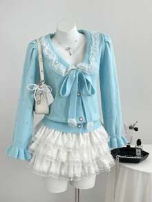 Elamini Lace Trim Design Small Lapel Tie-Front Cardigan - Blue - View 1