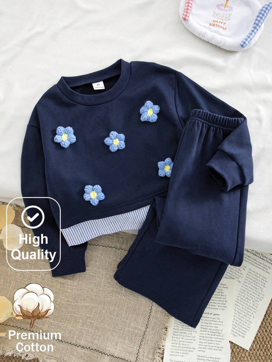 Elladie kids 女童拼接條紋花卉T恤套裝,休閒可愛學院風,寬鬆棉質,適合秋季返校、戶外運動與日常穿著,舒適 - 藍色 - 查看 1
