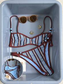 Swim Mod Women's Swimwear Set, Sweet Series, Reversible Blue & Brown Striped Printed Beaded Swimwear 2pcs Set, Summer - Multicolor - View 4