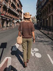 LanaWest Women's Solid Color V-Neck Casual Boho Daily Short Sleeve Knit Top Vacation Dark Brown Summer - Brown - View 2