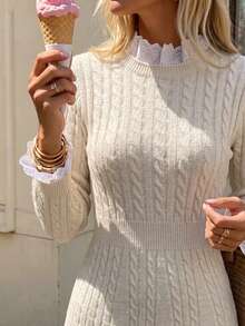 SHEIN PariChic Women's Autumn/Winter French Gentle Style Cable Knit Dress, Ruffle Hem, Cinched Cinched Waist, Patchwork, Stand Collar, Long Sleeve, Short Length - Beige - View 5