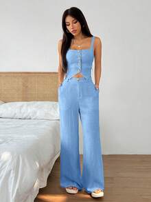 SHEIN EZwear 女款夏季休閒淺藍色方領鈕扣背心＋寬鬆寬腿長褲兩件套 度假穿搭 - 藍色 - 查看 6