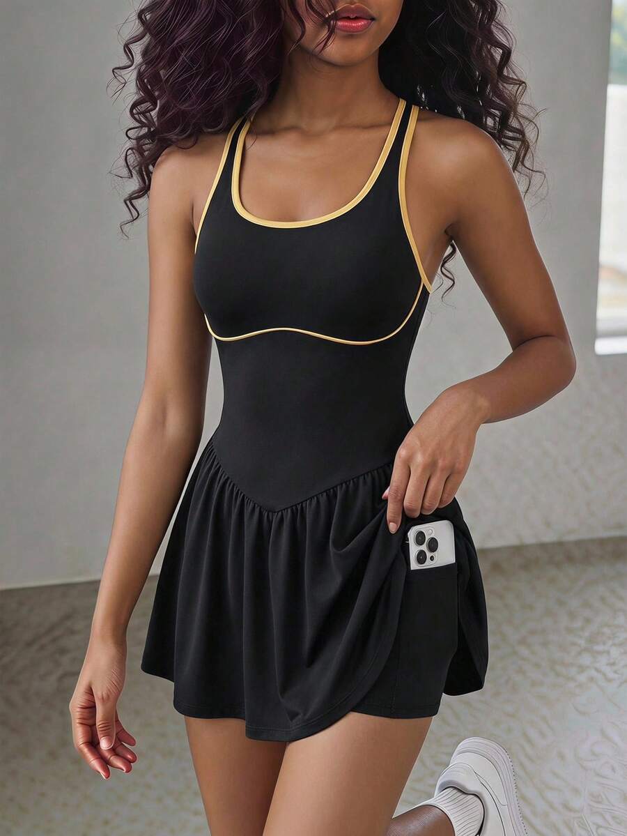 SHEIN Tween Girl Casual Sports Solid Color Criss-Cross Tank Style Athletic Dress - Black - View 1
