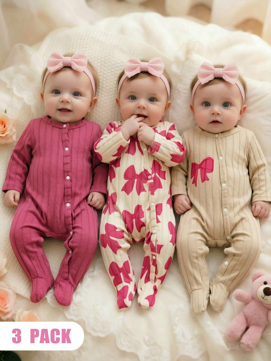 SHEIN Newborn Baby Girl 3-Piece Set Sweet Pink Knitted Romper, All-Over Bow Pattern, With Bow & Letter Print, Bow Decoration, Long Sleeve Design, Snap Closure, Parent-Child Matching Outfit - Multicolor - View 1