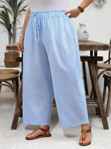 SHEIN CURVE+ Curve Size US22音樂節、海邊度假、波希米亞休閒純色寬鬆長褲，夏季/鄉村/海灘度假穿搭/海灘穿搭/海灘服飾 - 藍白色 - 查看 4