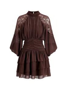 SHEIN Clasi 女款優雅純色蕾絲拼接迷你洋裝 - 棕色 - 查看 7
