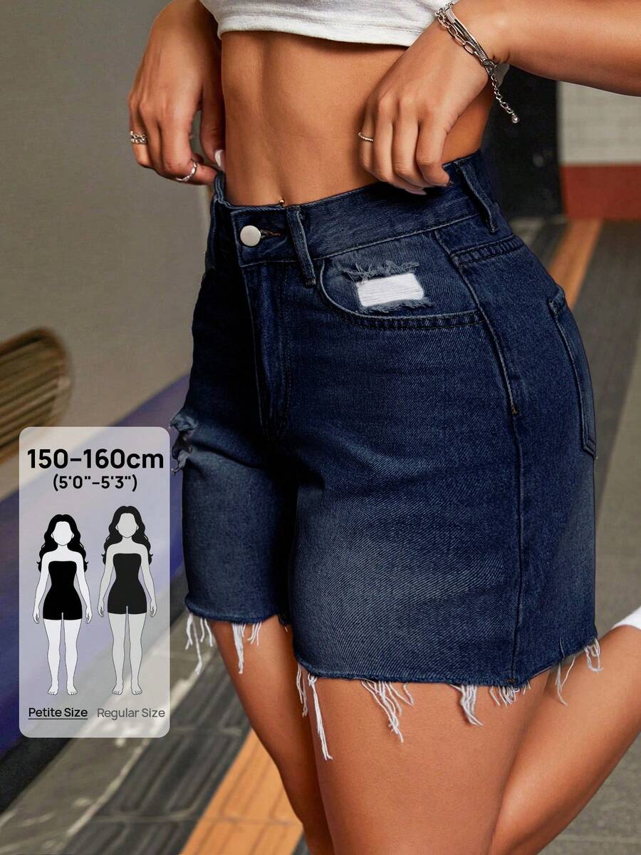 SHEIN PETITE 女款水洗牛仔短褲,極簡風格,適合嬌小女性 - 深色水洗藍 - 查看 1
