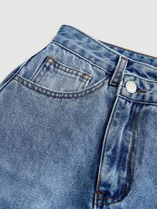 SHEIN MOD 女款休閒性感牛仔裙，前開衩不對稱下擺，藍色度假穿搭 - 中等水洗藍 - 查看 3