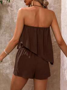EMERY ROSE Conjunto de 2 piezas de top bandeau y shorts de unicolor para mujer, ideal para vacaciones - Marrón - Ver 2