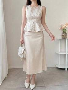 DAZY Elegant set med rund halsringning och folietryck för kvinnor, sommar, 2 delar - Beige - Visa 9