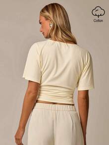 COSMINA Women's Solid Color Pleated Slim Fit Versatile Casual Elegant Short Sleeve Top Date Pale Yellow Top Work Tops Going Out Tops - Multicolor - View 2