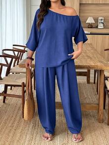 Weeklong Women's Plus Size Spring/Summer Casual Vacation Asymmetric Shoulder Loose Curved Leg Pants 2 Pieces Set, Suitable For Daily And Vacation Wear Fall - Blue - View 4
