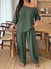 Weeklong 女款大尺碼春夏休閒度假不對稱腰線寬鬆彎腿褲 2件套，適合日常穿著與度假 - 軍綠色 - 查看 3