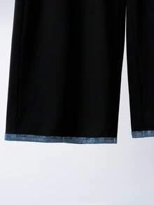 EMERY ROSE Nuevo conjunto de 2 piezas de top de manga corta y pantalones largos con estampado de mezclilla y ribete de contraste, ajuste ceñido para mujer, adecuado para el uso diario, vacaciones y el lugar de trabajo - Negro - Ver 5