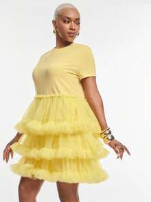 Vixey Vestido corto bohemio con capas de volantes de tul - Amarillo - Ver 2