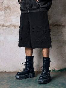 Skyrend 男士休閒寬鬆破洞牛仔寬腿短褲，哥德龐克街頭風，適合 Emo 男孩與 Grunge 風格 - 黑色 - 查看 5