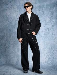 ROMWE MEN Street Life Jeans en denim avec décoration de rivets, mode homme - Noir - Voir 3