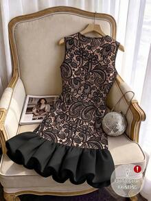 SHEIN Franclia Women's Round Neck Lace Patchwork Color Casual Daily Summer Mini Dress - Black - View 2