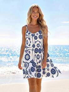 SHEIN LUNE Vestido camisola mini con estampado y volantes en el bajo para mujer - Multicolor - Ver 3
