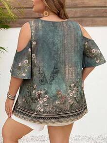SHEIN CURVE+ Plus Size Women's Floral Print Casual 90s Boho Versatile Everyday Vacation Party Vacation Vacation Outing Shirt Green Summer Vacation - Green - View 2