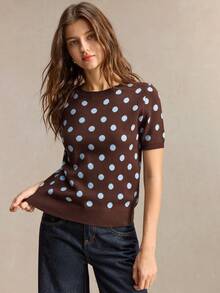 BizChic Atasan Rajut Wanita Motif Polkadot Kasual Serbaguna untuk Pemakaian Sehari-hari - Coklat - View 1