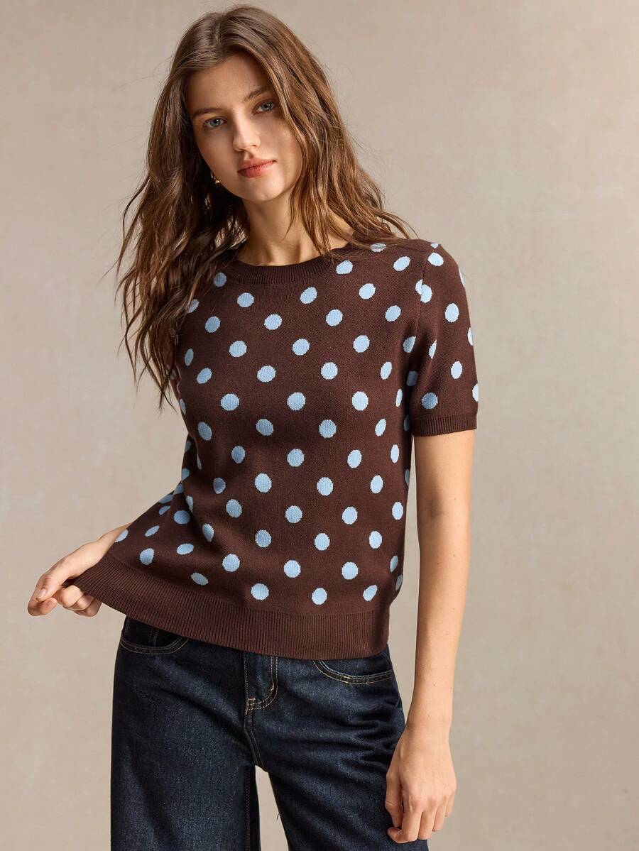 BizChic Atasan Rajut Wanita Motif Polkadot Kasual Serbaguna untuk Pemakaian Sehari-hari - Coklat - View 1