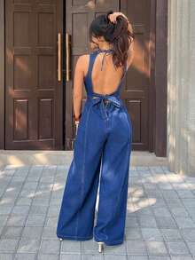 SHEIN PETITE Women's Solid Color Round Neck Backless Sleeveless Denim Jumpsuit ,Petite Women - Blue - View 3