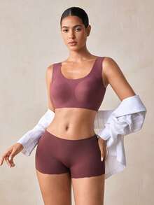 Veilyse Women's Nude Wireless Bra, Thin Fabric, Lift & Support For Large Bust, Removable Pads, Seamless, Comfortable, Elastic, Wide Strap, U-Shaped Sports Bra - Coffee Brown - View 2