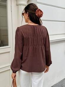 Serisse Women's Coffee Brown, Versatile, Pleated 100 Cotton Round Neck Long-Sleeved Shirt For Autumn, Birthday Holiday Tops Elegant French Casual Brunch - Rust Brown - View 2
