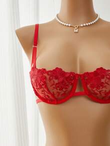 Esselle 2pcs Sky Blue Embroidered Lace-Up Lingerie Set For Women - Red - View 3