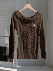 Comfortcana 女款刺繡扭繩圓領長袖針織毛衣上衣 - 棕色 - 查看 3