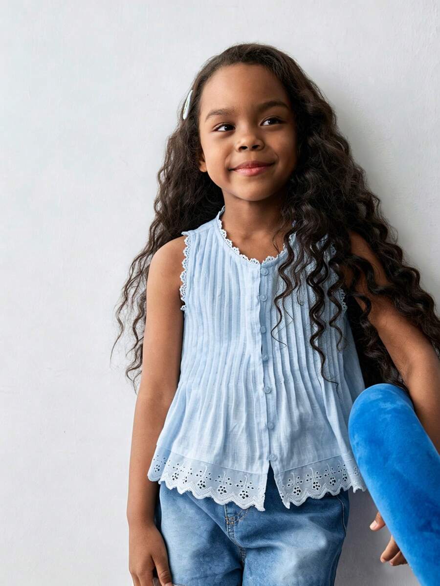 Maija Kids Maija Kids Young Girl Round Neck Floral Trim Camisole - Blue - View 1